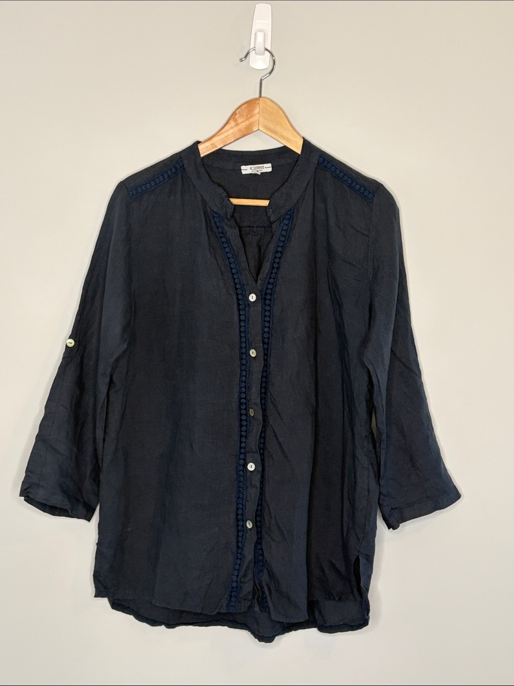Rosemarine Lightweight Navy Button-Front Tunic with Trim Detail Linen Coastal M
